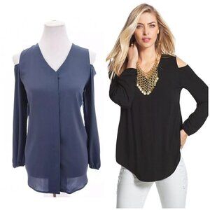Chico’s 0 Sz S Chiffon Cold Shoulder Button Down Shirt Tunic Blouse Blue Women 4